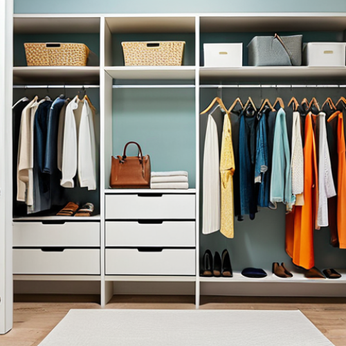 Home 15 "A bright and airy walk-in closet, professionally organized with clothes sorted by color and type, modest clothing visible, accessories neatly displayed, appropriate attire, safe for work, perfect anatomy, correct proportions, natural pose, family-friendly, high-quality photography, well-formed hands, proper finger count, natural body proportions."