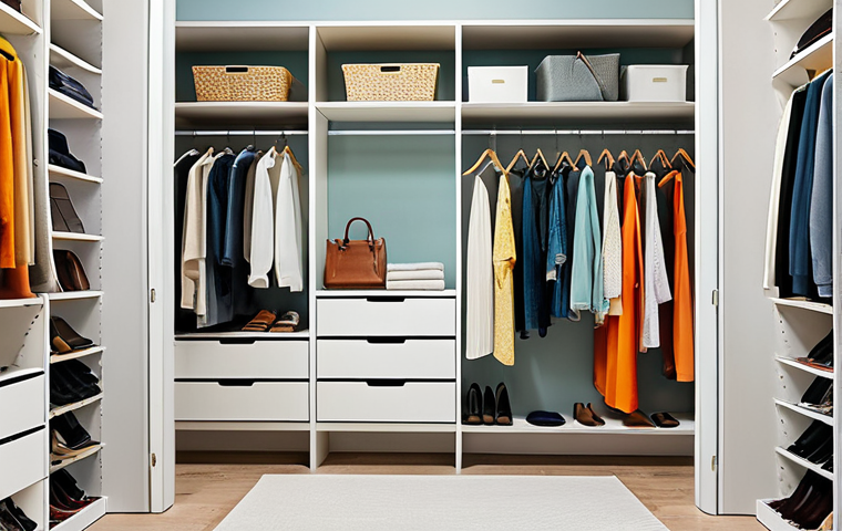 "A bright and airy walk-in closet, professionally organized with clothes sorted by color and type, modest clothing visible, accessories neatly displayed, appropriate attire, safe for work, perfect anatomy, correct proportions, natural pose, family-friendly, high-quality photography, well-formed hands, proper finger count, natural body proportions."