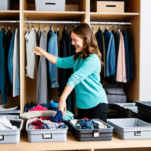 Home 14 **
A bright, organized closet featuring fully clothed individuals (women) happily sorting clothes, some items being placed in donation boxes, others neatly folded, surrounded by reusable storage containers, safe for work, appropriate content, fully clothed, professional photography, perfect anatomy, natural proportions, family-friendly.
**